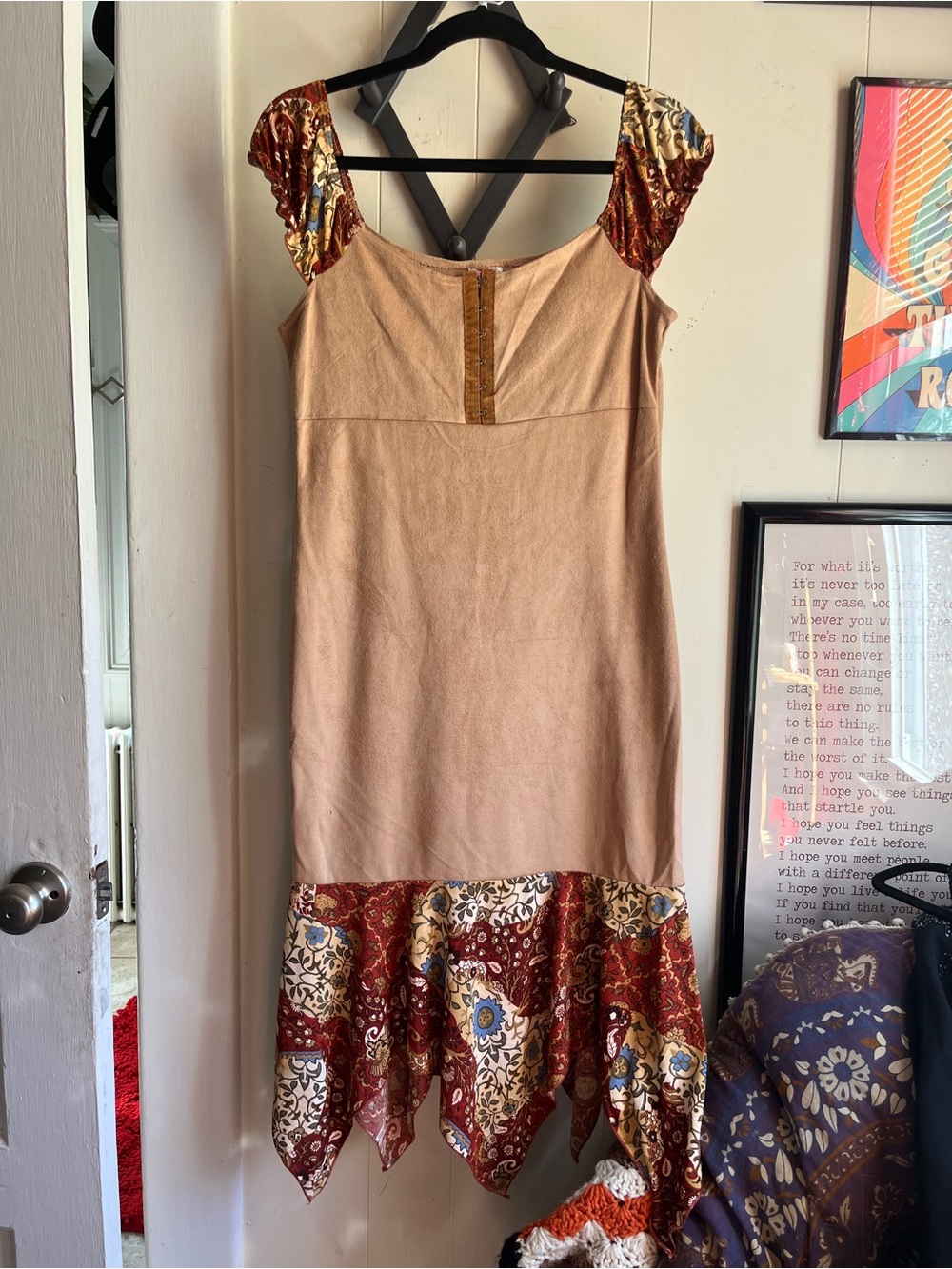 Beige and Multi-Color Cap Sleeve Midi Dress